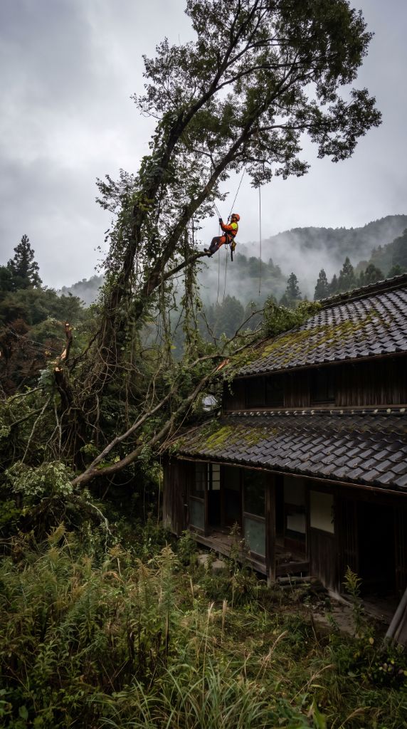 山間の古い日本家屋の屋根に迫る大木を、樹上のクライマーがロープで降ろす現場