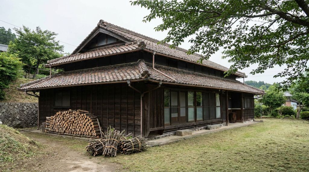 伐採・剪定・片付け後の田舎家屋の外周／薪と枝束が積まれた庭