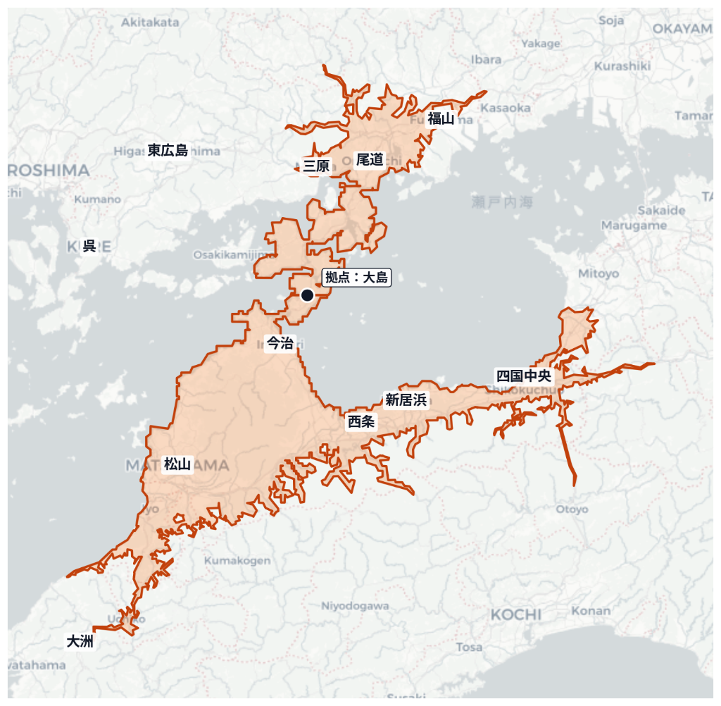 対応エリア地図 — 愛媛県今治市大島を拠点に、広島県・岡山県・愛媛県・香川県の瀬戸内エリアをオレンジでハイライトした実地図