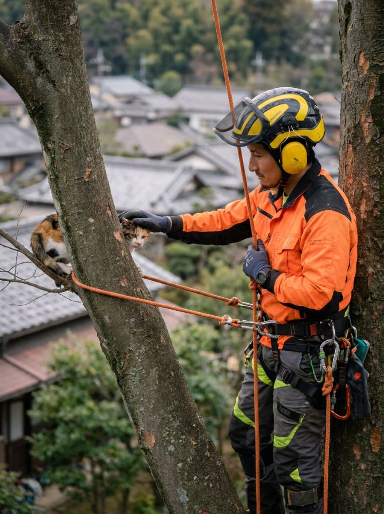 樹上で猫にゆっくり手を伸ばすクライマー