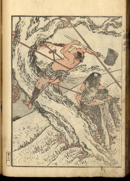 空師 — 古典的な樹上作業を描いた木版画資料